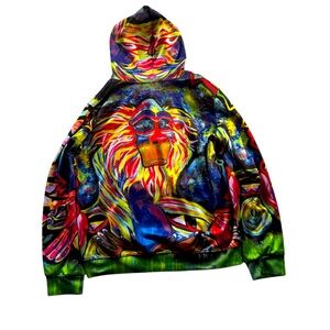 NWOT Electro Threads Meditating Rafiki Colorful Hoodie Size large Unisex